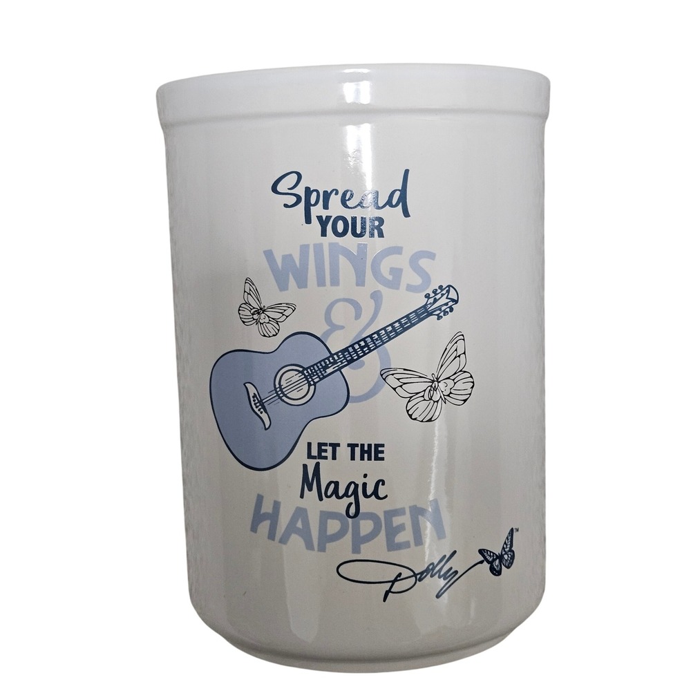Dolly Parton 7" Utensil Holder White Spread Your Wings Guitar Crock Decor NWOT